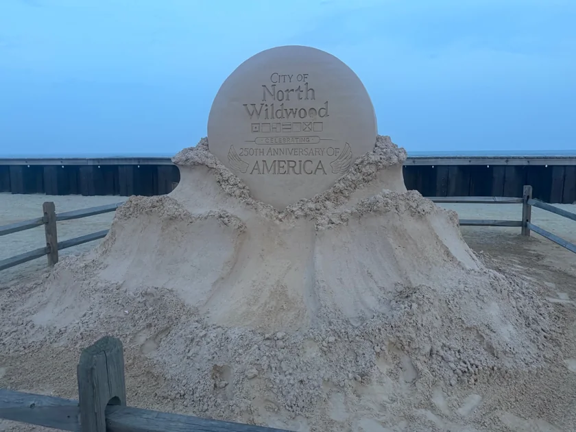 North Wildwood sand sculpture with lettering celebrating the 250th anniversary of America